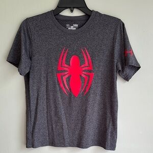 Under Armour X Marvel Gray HeatGear T-Shirt w/ Red Spider Logo Loose Fit YLG